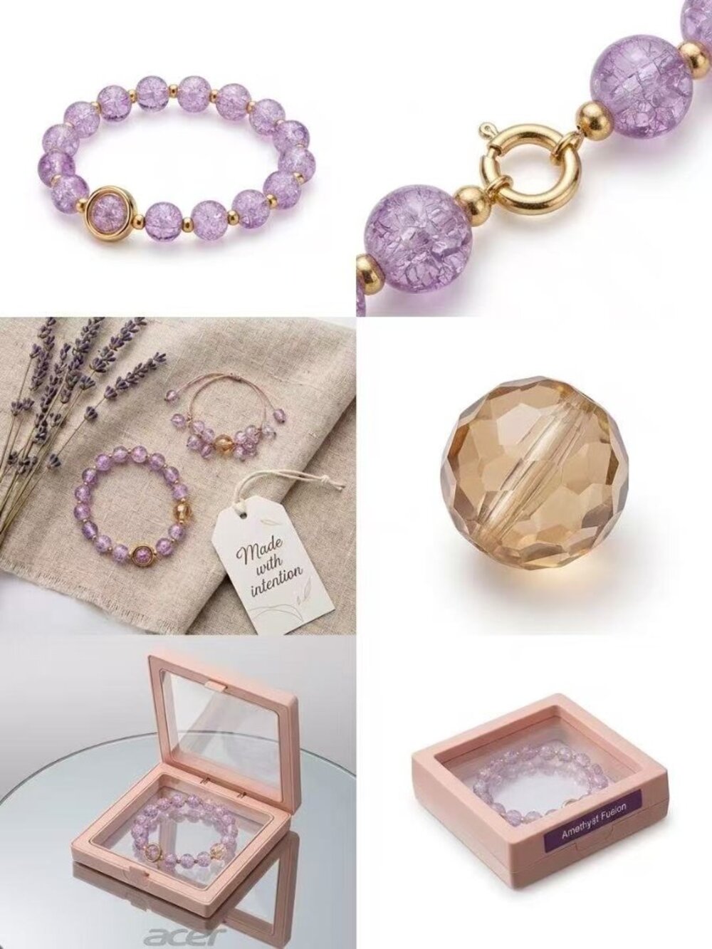 Purple Crackle Quartz Crystal Beaded Bracelet, Gold Clasp Stretch Bracelet with